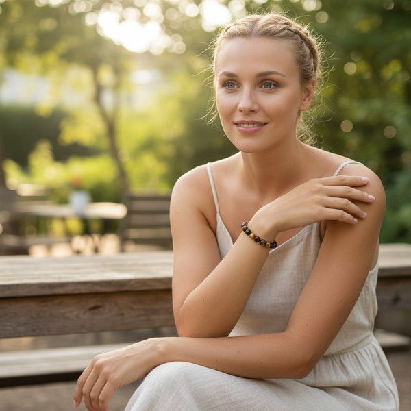 Bracelet triple protection en pierre naturelle porté au poignet par une femme