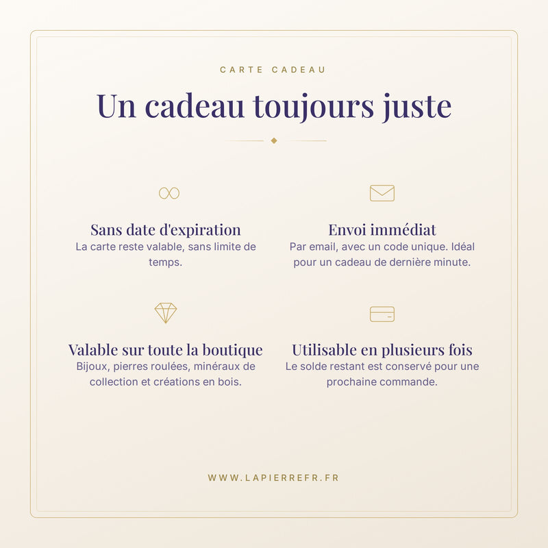 Carte cadeau sans date d'expiration, envoi immediat par email, utilisable en plusieurs fois