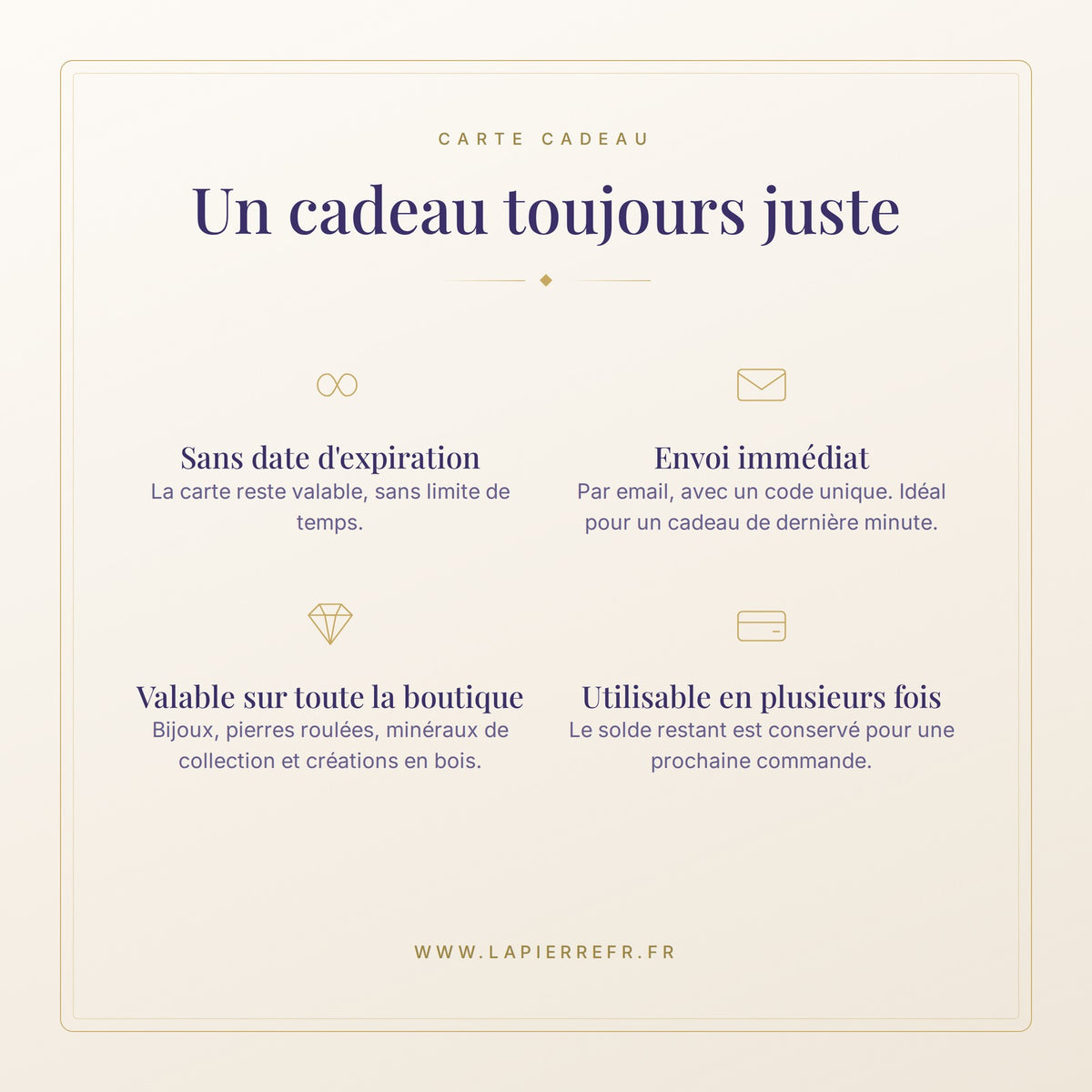 Carte cadeau sans date d'expiration, envoi immediat par email, utilisable en plusieurs fois