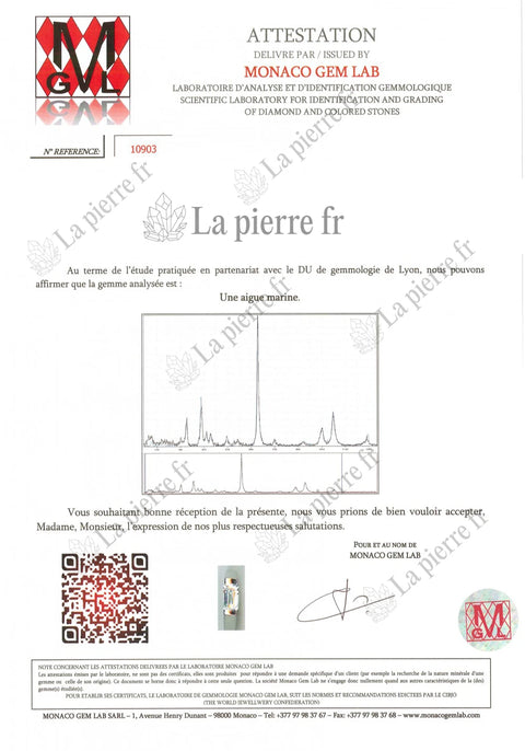 Certificat d'analyse de l'aigue-marine des bagues, La Pierre FR