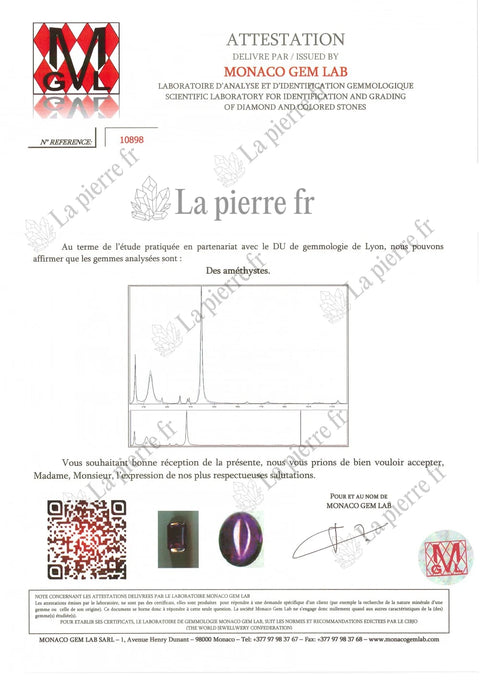 Certificat d'analyse de l'améthyste des bagues, La Pierre FR