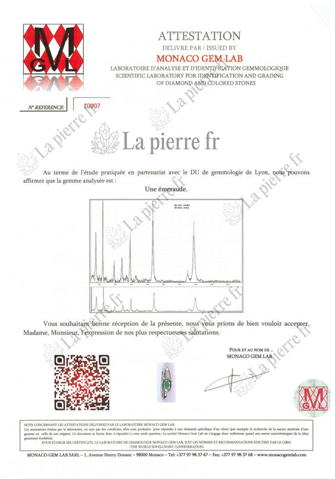 Certificat d'analyse de l'émeraude des bagues, La Pierre FR