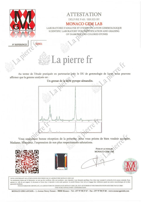 Certificat d'analyse du grenat des bagues, La Pierre FR