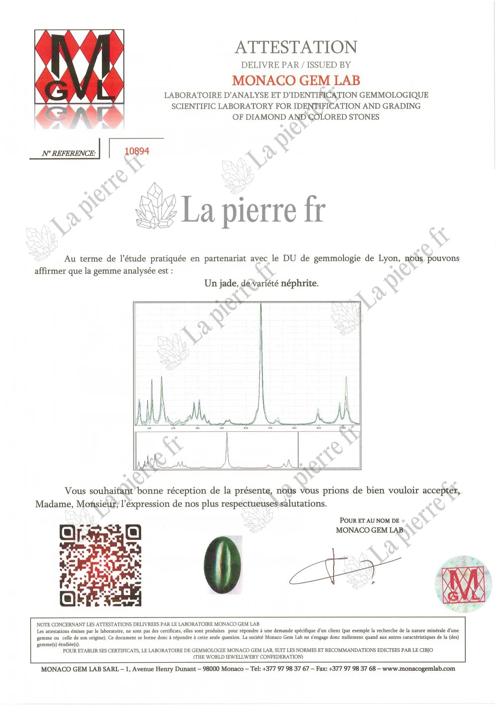 Certificat d'analyse du jade vert des bagues, La Pierre FR