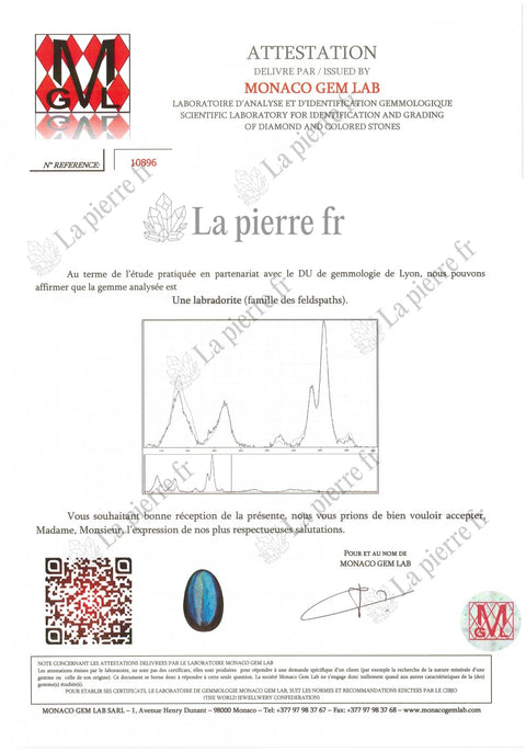 Certificat d'analyse de la labradorite des bagues, La Pierre FR