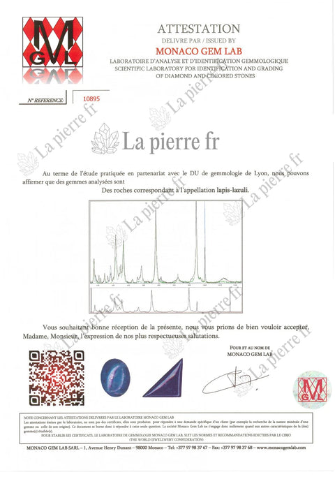 Certificat d'analyse du lapis-lazuli des bagues, La Pierre FR