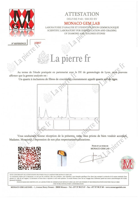 Certificat d'analyse de l'œil de tigre des bagues, La Pierre FR