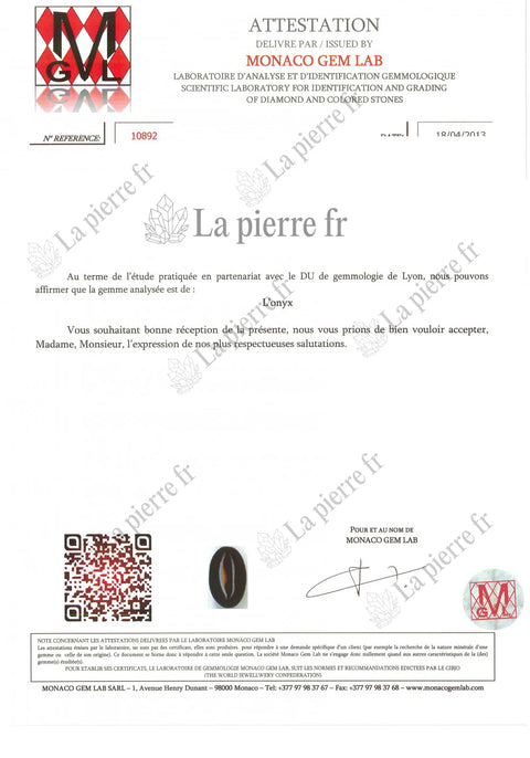 Certificat d'analyse de l'onyx noir des bagues, La Pierre FR