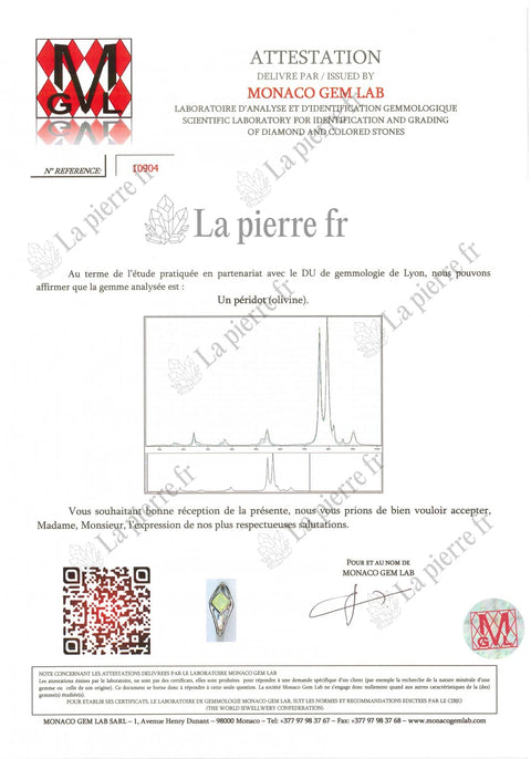 Certificat d'analyse du péridot des bagues, La Pierre FR