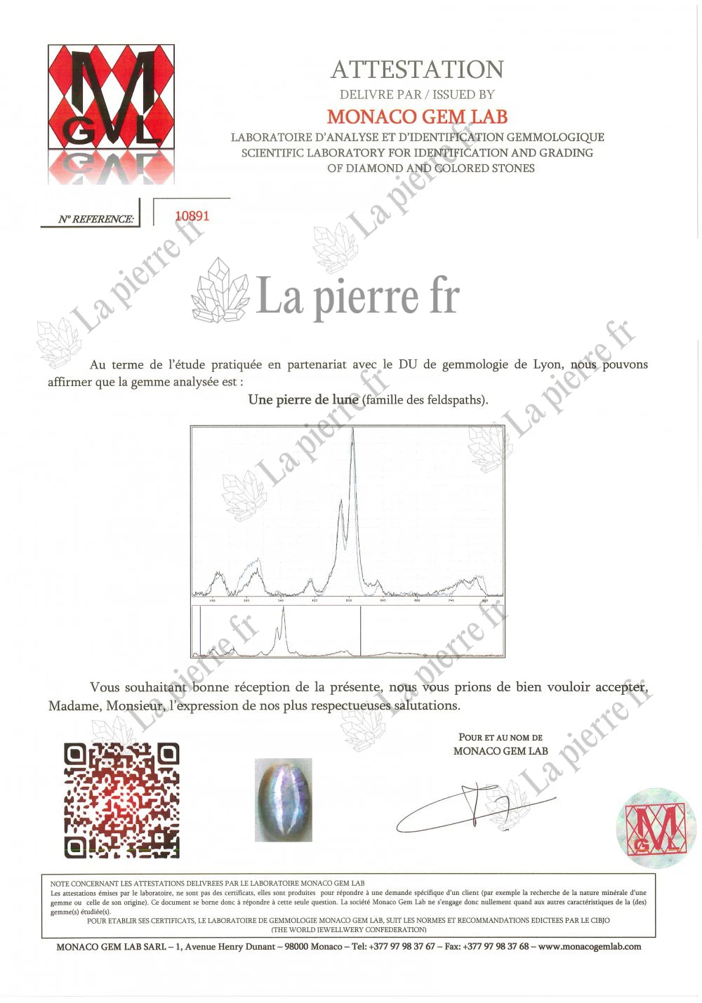 Certificat d'analyse de la pierre de lune des bagues, La Pierre FR