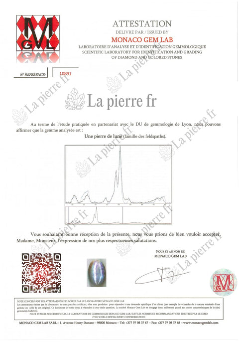 Certificat d'analyse de la pierre de lune des bagues, La Pierre FR