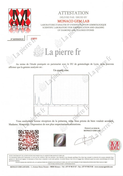Certificat d'analyse du quartz rose des bagues, La Pierre FR