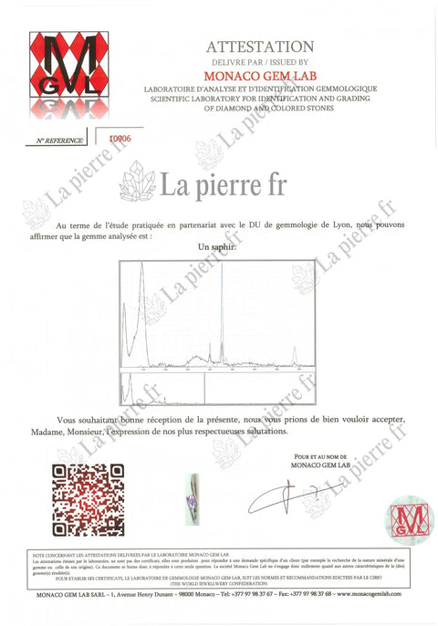 Certificat d'analyse du saphir des bagues, La Pierre FR