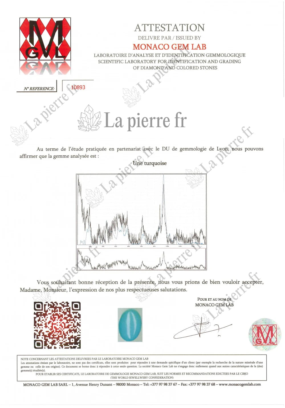 Certificat d'analyse de la turquoise des bagues, La Pierre FR