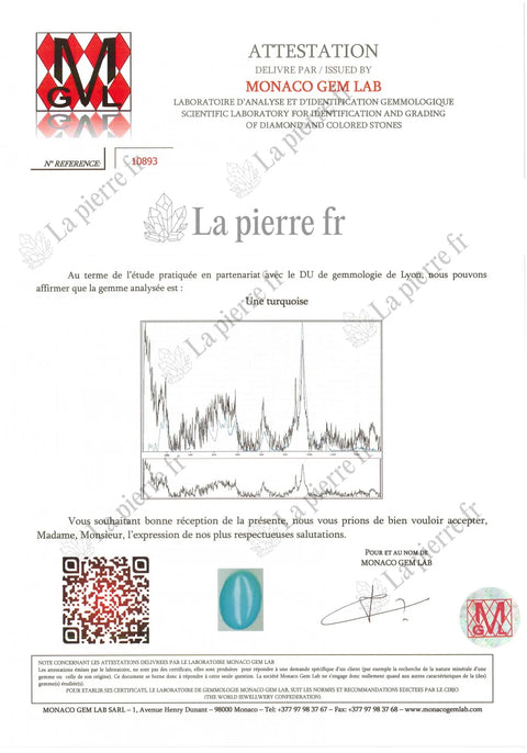 Certificat d'analyse de la turquoise des bagues, La Pierre FR