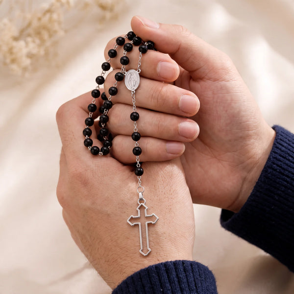 Chapelet homme en obsidienne noire, croix ajourée en acier inoxydable