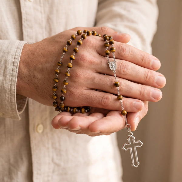 Chapelet en œil de tigre brun doré, médaille miraculeuse et croix en acier inoxydable