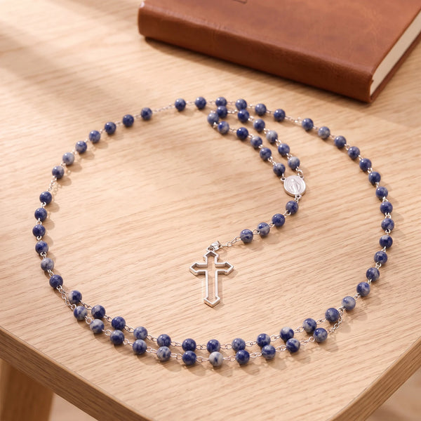 Chapelet en sodalite naturelle, perles bleues de 6 mm et médaille miraculeuse