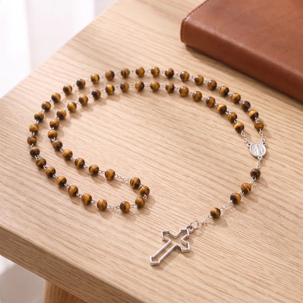 Chapelet en œil de tigre naturel, perles marron de 6 mm et médaille miraculeuse