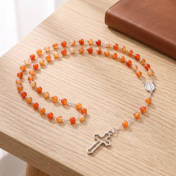 Chapelet en cornaline naturelle, perles orange de 6 mm et médaille miraculeuse