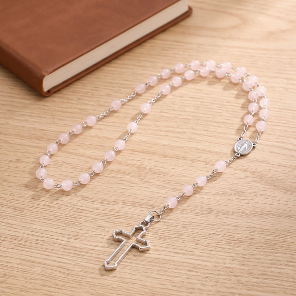 Chapelet en quartz rose naturel, perles roses de 6 mm et médaille miraculeuse