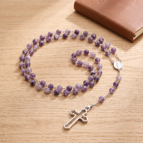 Chapelet en améthyste naturelle, perles violettes de 6 mm et médaille miraculeuse