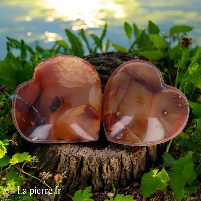 Cœur en Cornaline taillé à la main, pierre naturelle aux teintes chaudes d'orange et rouge, idéale pour la lithothérapie et la méditation.
