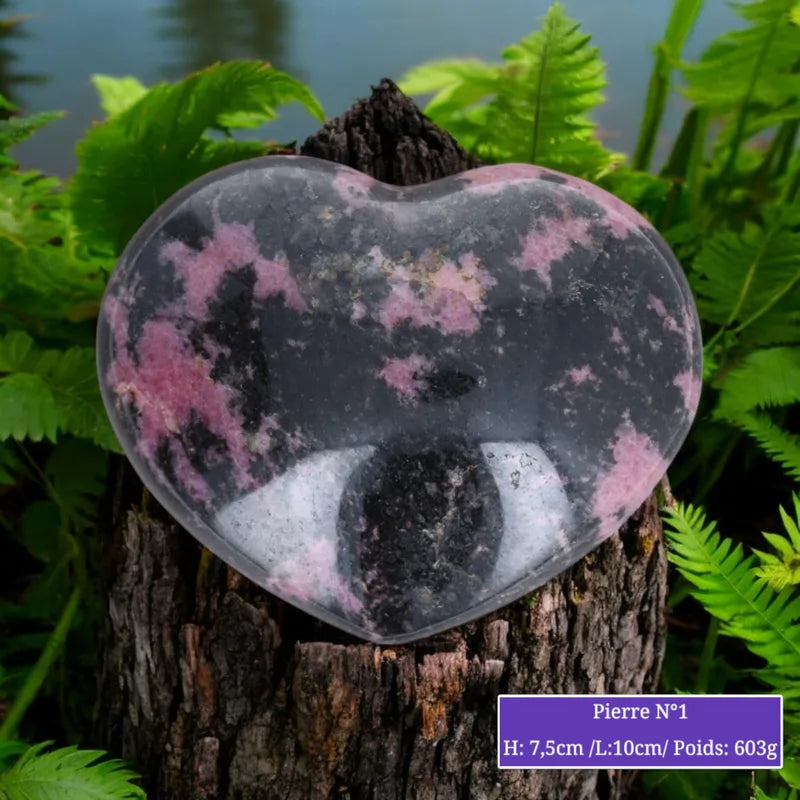 Cœur en Rhodonite taillé, pierre naturelle rose et noire pour lithothérapie