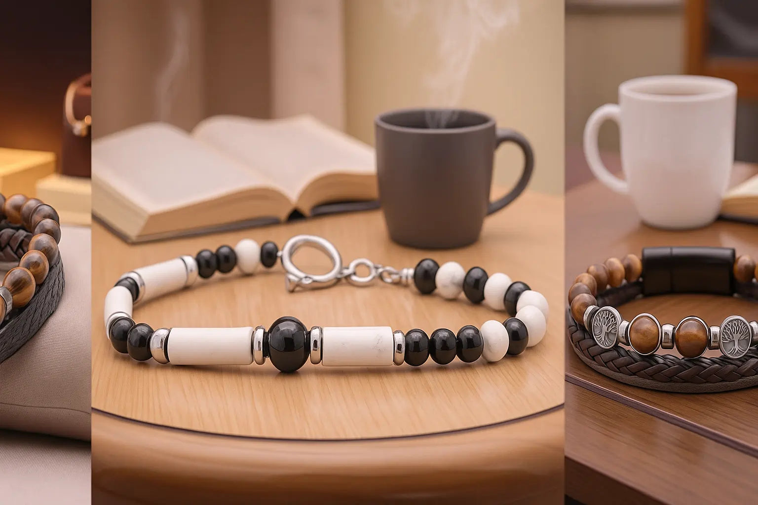 Bannière élégante présentant plusieurs bracelets pour homme en cuir et pierres naturelles, dont l’œil de tigre, la howlite blanche et l’onyx noir, sur fond en bois avec livres ouverts et tasses de café — La Pierre FR.