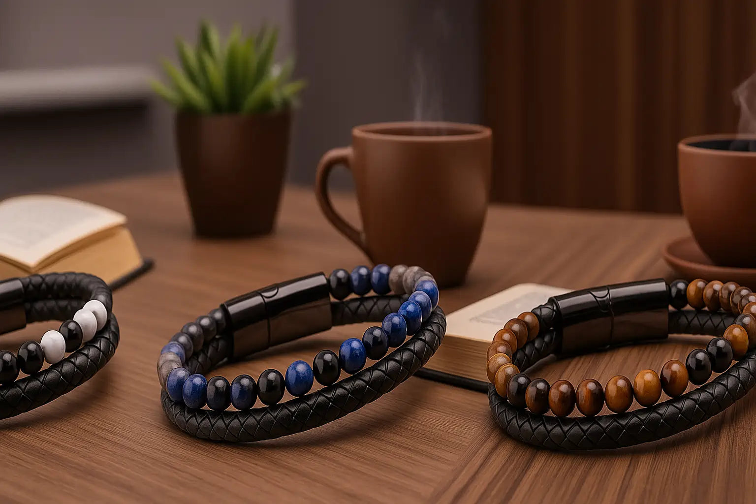 Bannière raffinée présentant des bracelets multi-rangs pour homme en cuir tressé et pierres naturelles comme l’onyx noir, la howlite blanche et l’œil de tigre, sur fond bois avec tasse de café et livre ouvert — La Pierre FR.
