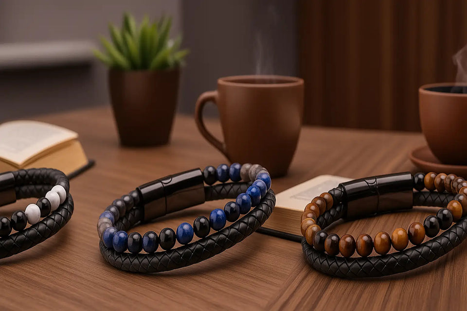 Bannière raffinée présentant des bracelets multi-rangs pour homme en cuir tressé et pierres naturelles comme l’onyx noir, la howlite blanche et l’œil de tigre, sur fond bois avec tasse de café et livre ouvert — La Pierre FR.
