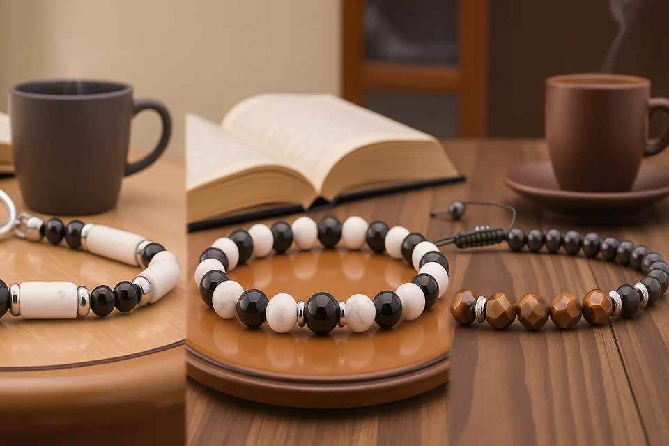Bannière élégante présentant trois bracelets pour homme en pierre naturelle et cuir, composés de howlite blanche, onyx noir et œil de tigre, posés sur un fond en bois avec tasse de café et livre ouvert — La Pierre FR.