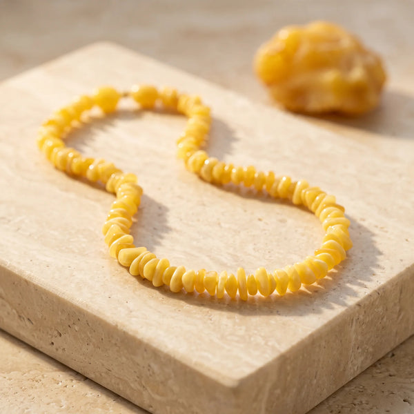 Collier ambre jaune citron en perles baroques, ambre véritable de la Baltique