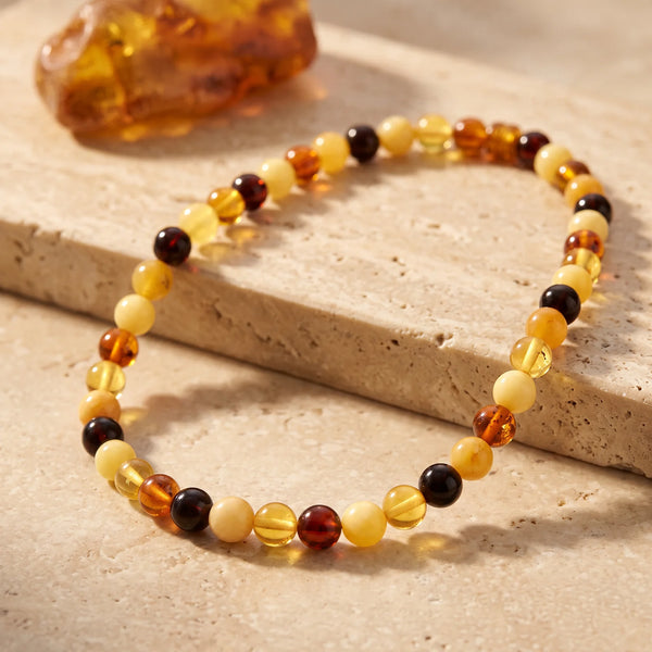 Collier perles rondes 7 mm en ambre multicolore, bijou de lithothérapie en ambre véritable