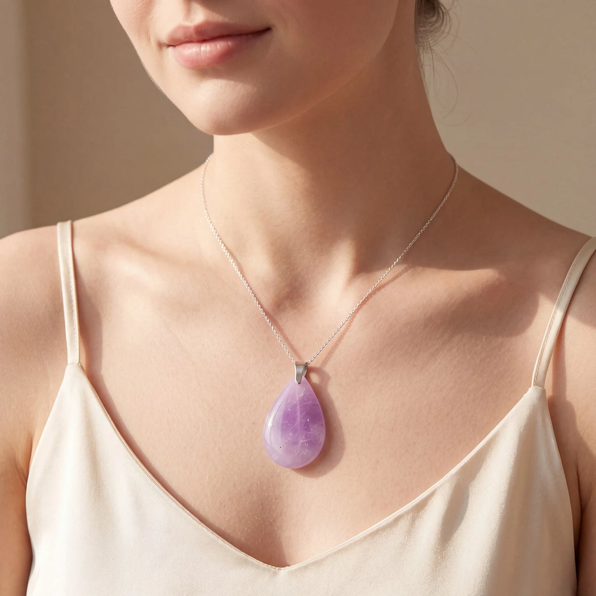 Pendentif goutte en améthyste porté par une femme, pierre violette plate sur chaîne fine