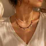 Collier Bohème Œil de Tigre CALYA®, Deux Rangs Dorés et Pampilles