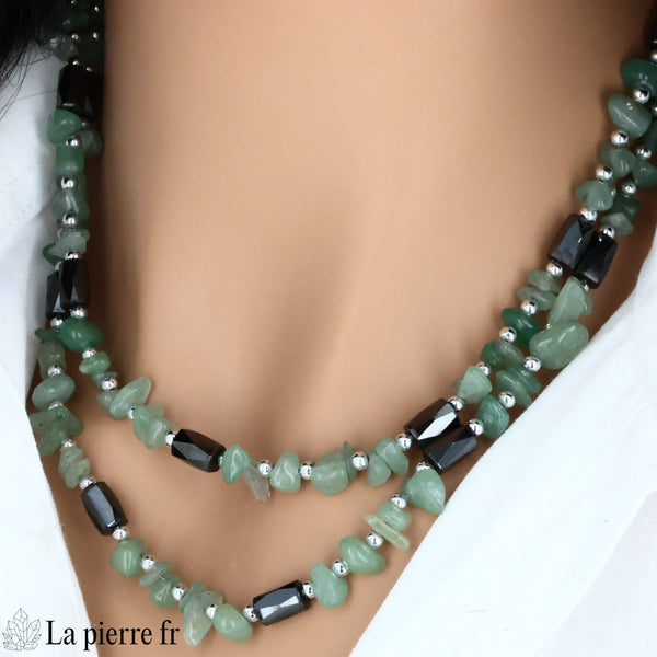 Long collier hématite magnétique et aventurine porté en sautoir, La Pierre Fr