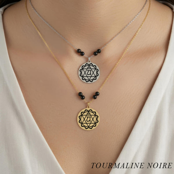 Collier Chakra du Cœur Anahata acier inoxydable doré et argenté avec perles en tourmaline noire protection affective