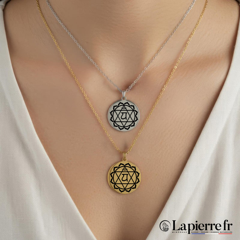 Collier Chakra du Cœur Anahata acier inoxydable doré et argenté sans pierre pour homme ou femme