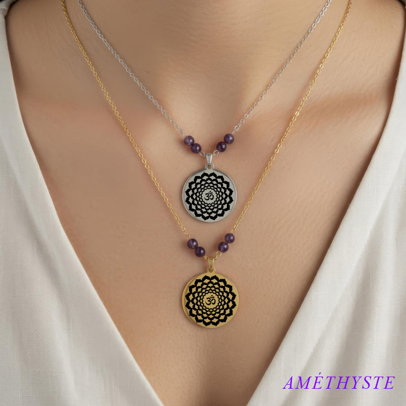 Collier Chakra Couronne Sahasrara acier inoxydable doré et argenté avec perles en améthyste spiritualité