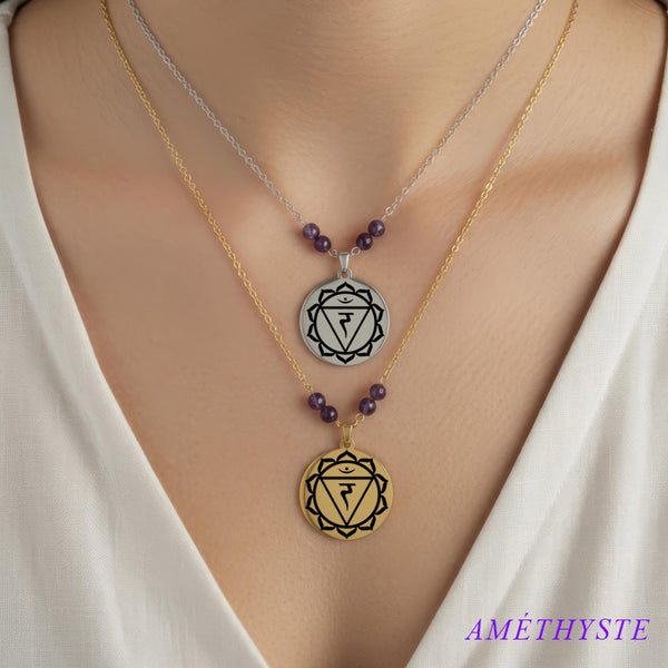 Collier Chakra Plexus Solaire Manipura acier inoxydable doré et argenté avec perles en améthyste d'apaisement