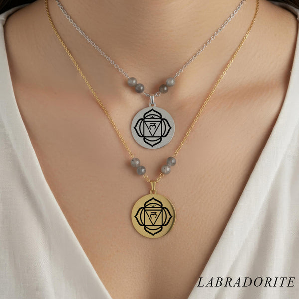 Collier Chakra Racine Muladhara acier inoxydable doré et argenté avec perles en labradorite protection