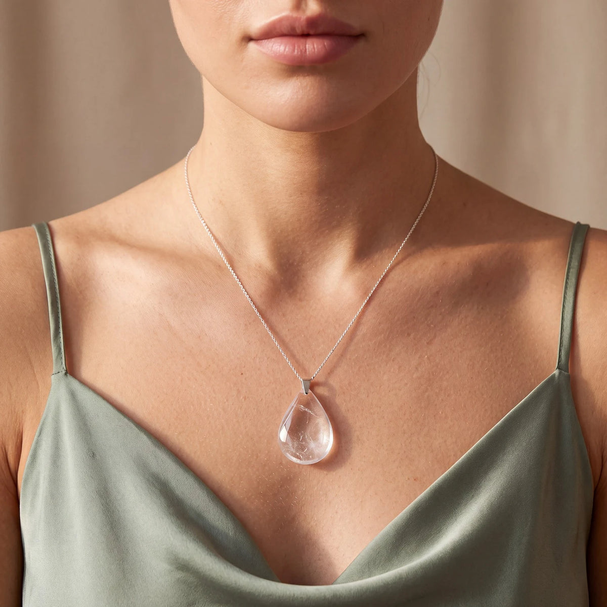 Collier pierre cristal de roche porté par une femme, goutte plate transparente sur chaîne fine