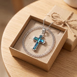 Collier Croix en Nacre Naturelle Bleue, Pendentif Croix Femme