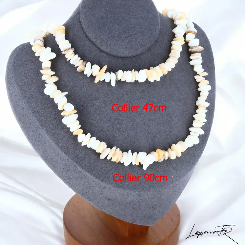 Collier ras de cou 42cm et sautoir 90cm en Nacre (Éclat Lunaire).