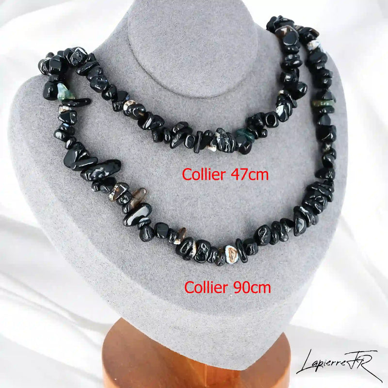 Collier ras de cou 42cm et sautoir 90cm en Onyx Noir (Égide Nocturne).