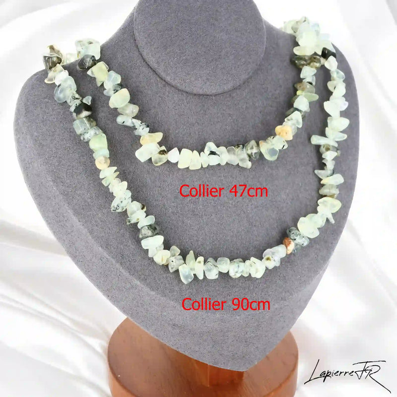 Collier ras de cou 42cm et sautoir 90cm en Prehnite (Murmure de Nature).