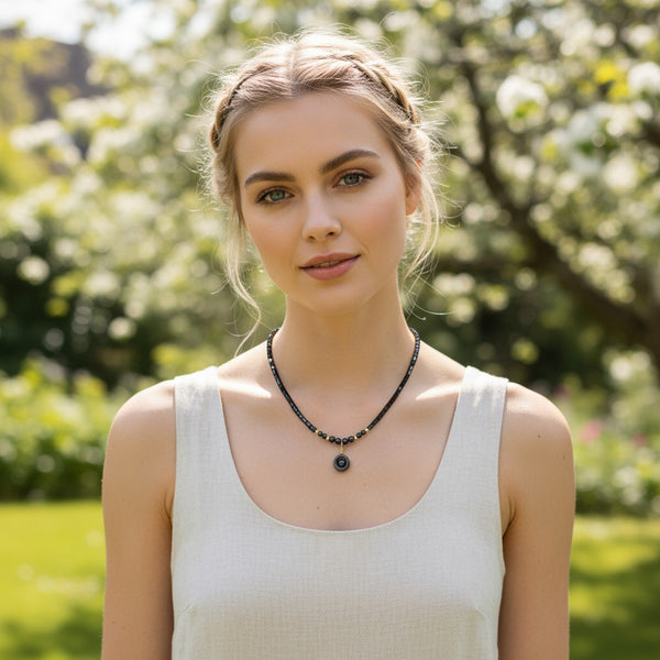Collier hematite avec pendentif anneau ajouré enserrant une perle, 43 cm