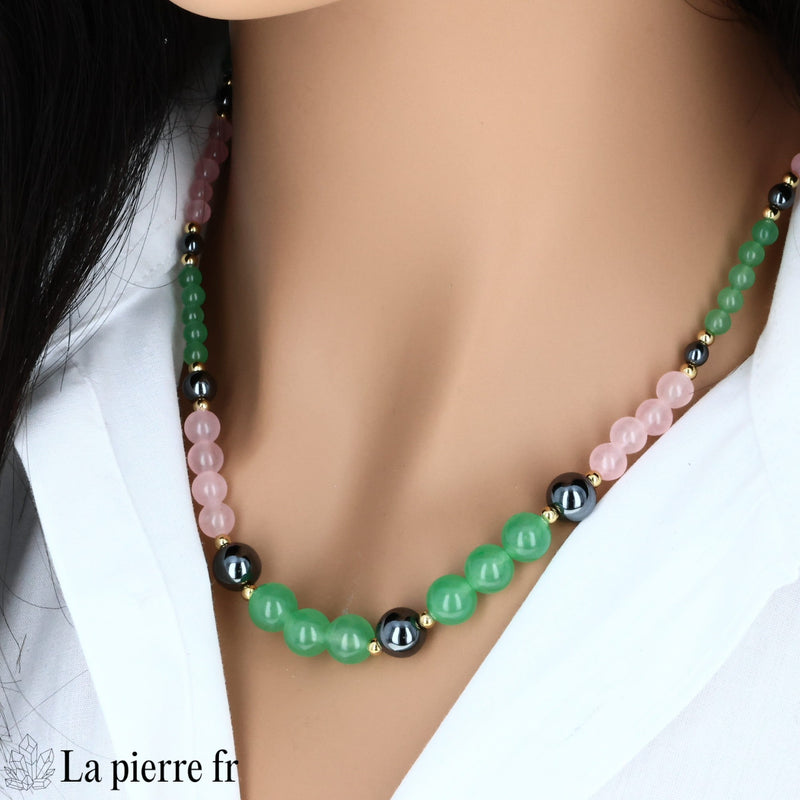 Collier en Hématite, Aventurine et Quartz Rose (Trio)