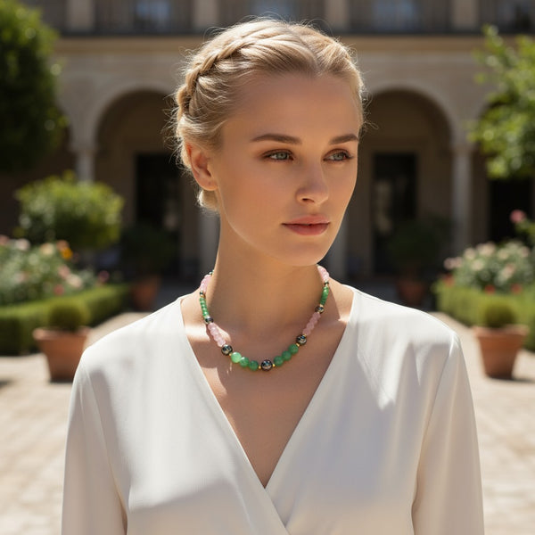 Collier trois pierres en hématite, aventurine et quartz rose, 53 cm